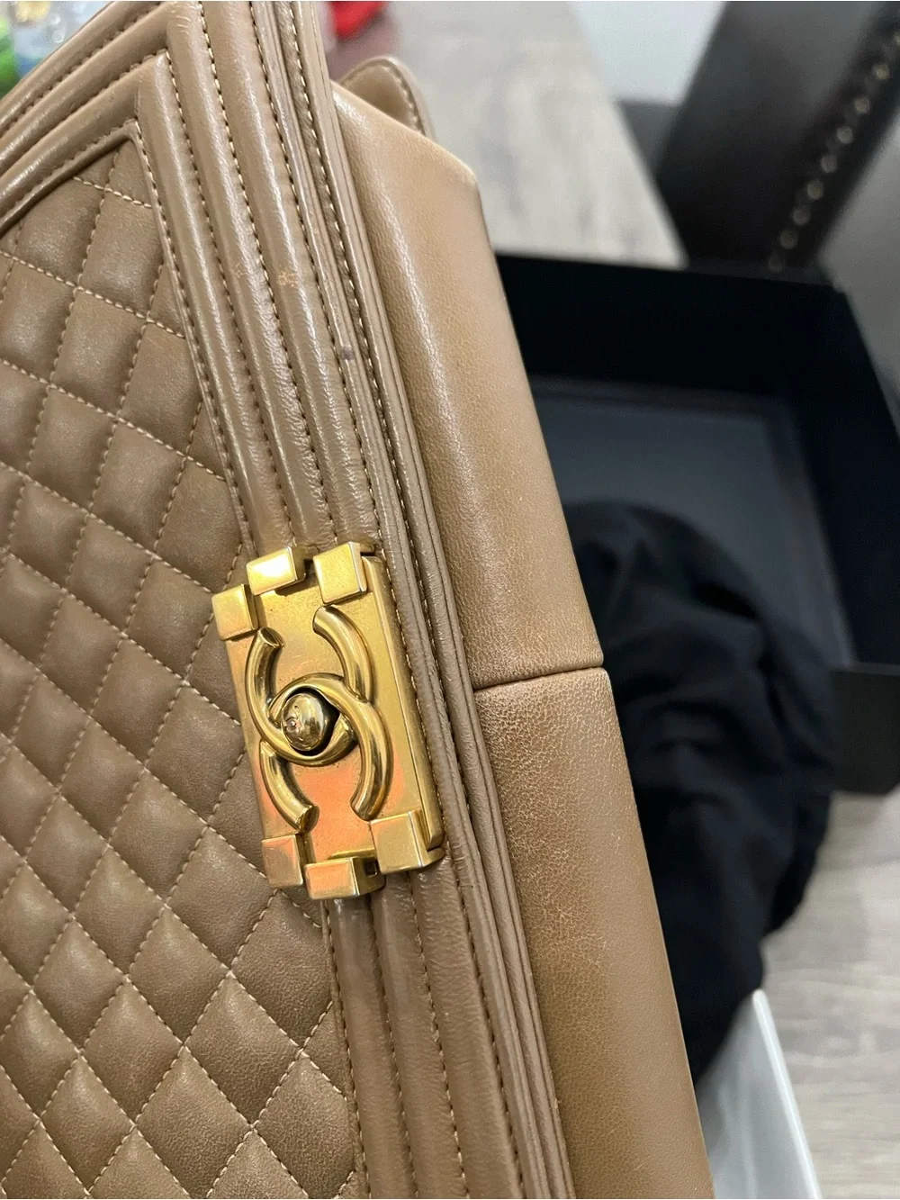 CHANEL medium Boy Quilted Leather Shoulder Bag in Taupe with Gold Hardware